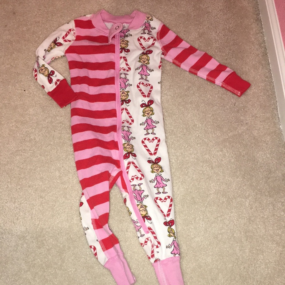 Pink and Red Striped Footie Pajamas with Heart Pattern